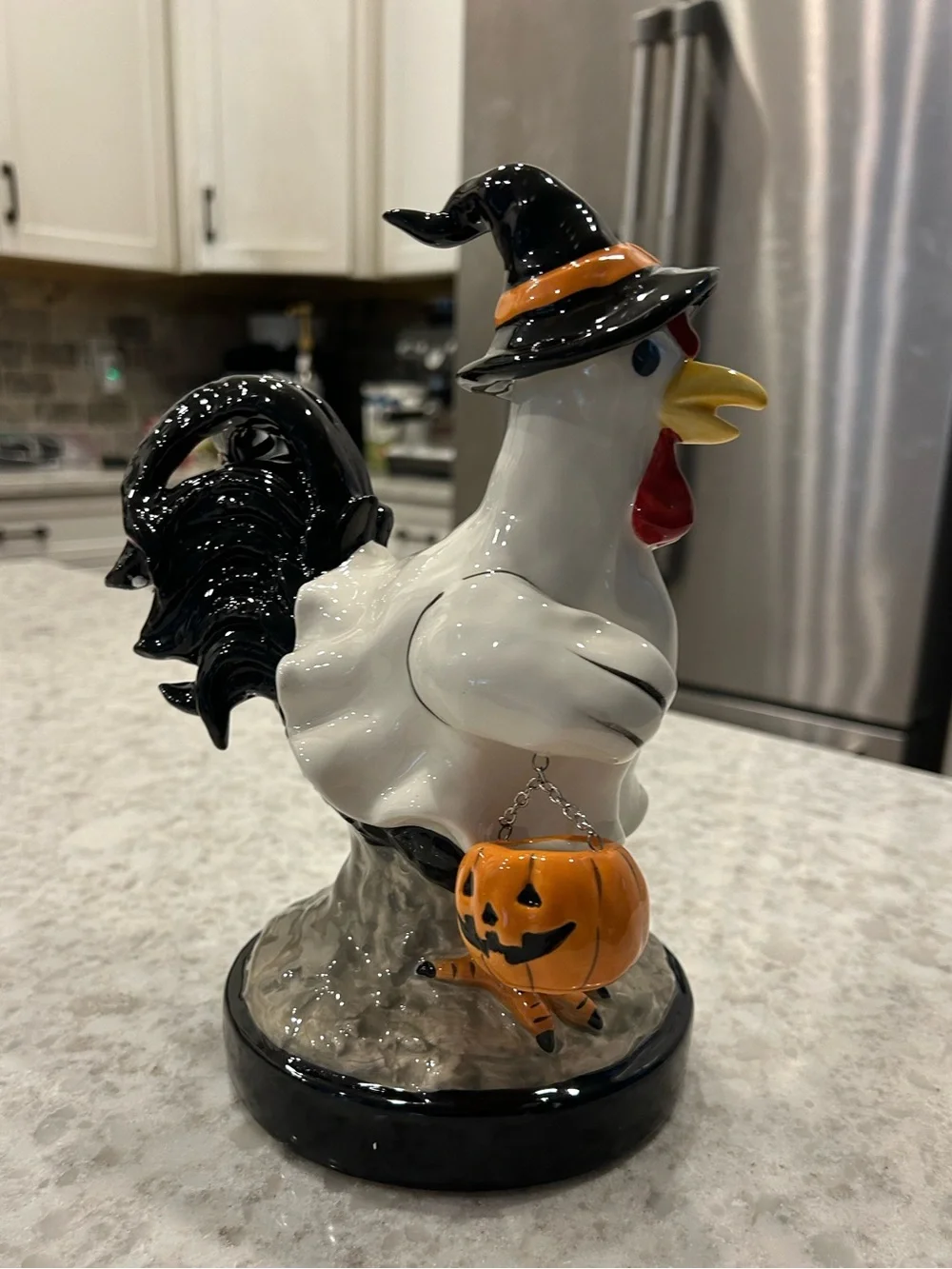 “New” Blue Sky Clayworks Chick or Treat Rooster Figurine with Pumpkin Bucket